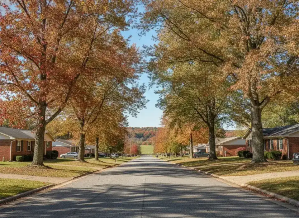 Brick ranch homes on a tree-lined Bowling Green street