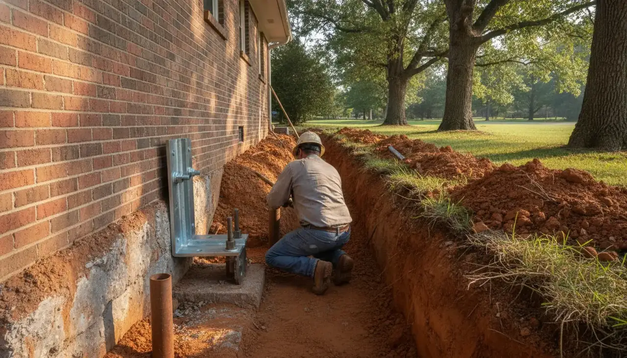 Worker installing a steel pier bracket at the brick foundation of a Kentucky ranch home