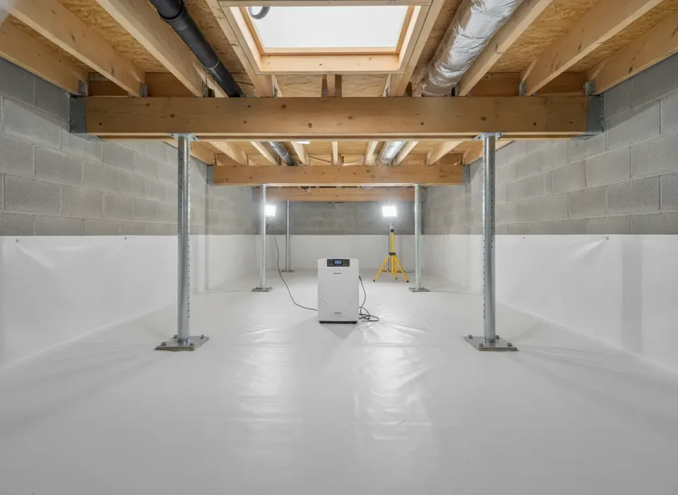 Encapsulated crawl space with steel support jacks and a dehumidifier
