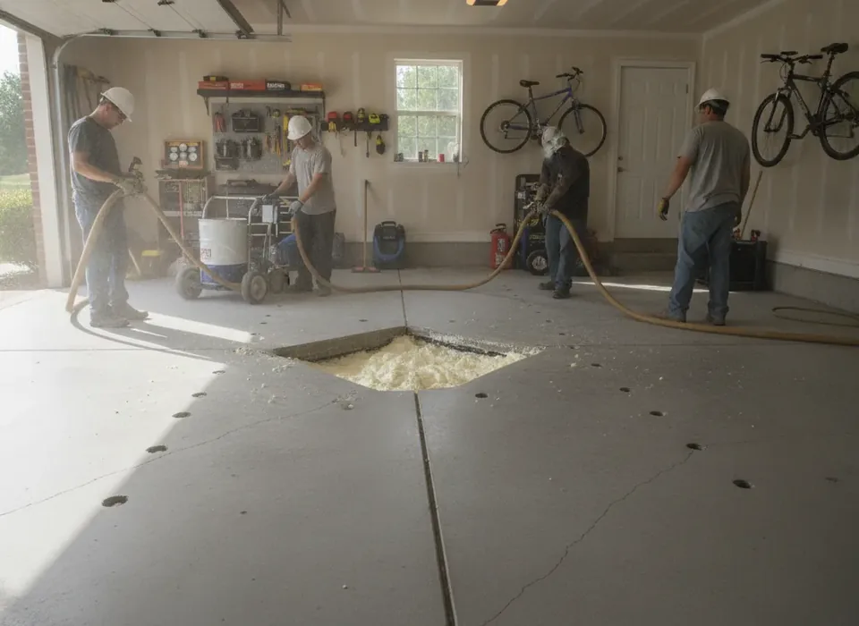 Foam leveling a sunken, cracked concrete garage slab
